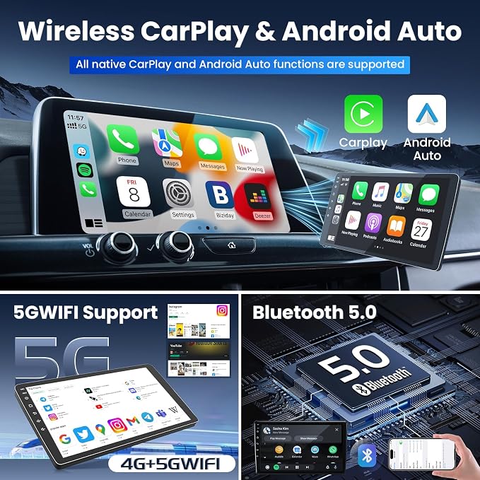 10'' Car Radio for Jeep Patriot Compass 2010-2016, Wireless CarPlay & Android Auto, Android Car Stereo with 2GB+64GB, Bluetooth 5.0, GPS Navigation, WiFi, FM, SWC, Backup Camera
