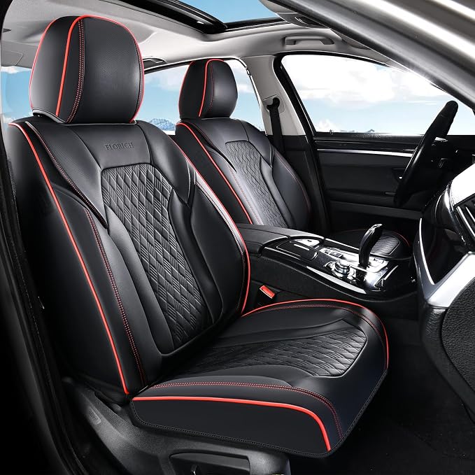 FLORICH Seat Covers, Car Seat Covers Full Set, Luxury Nappa Leather Seat Covers, Breathable and Waterproof Car Seat Protector 5 Seat, Automotive Seat Covers Universal Fit for Most Cars-Black&Beige
