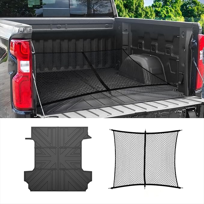 Truck Bed Mat and Net Compatible with 2019-2025 Chevrolet Silverado 1500 5.8FT Truck Bed Replacement, Truck Net TPE Cargo Bed Liner All Weather Cargo Mat for Chevy Silverado Accessories