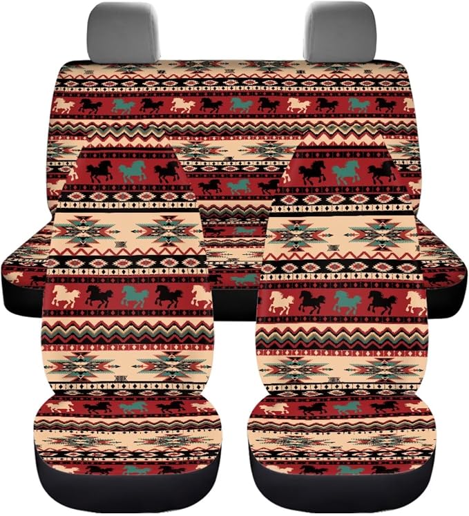 Dreaweet Car Seat Covers Full Set 12 Pcs Navajo Horse Car Accessories Decor Universal Seat Covers for Truck SUV with Steering Wheel Cover/Armrest Cover/Seatbelt Covers/Cup Coasters/Gear Shift Cover