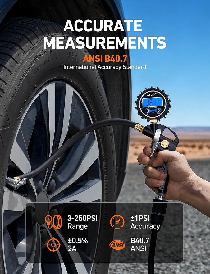 AstroAI Digital Tire Pressure Gauge with Inflator, 3-250PSI Air Compressor Accessories with Heavy Duty Air Chuck Quick Connect Coupler, Fits 1/4" NPT – for Car Truck SUV RV, 1 Pack Compact