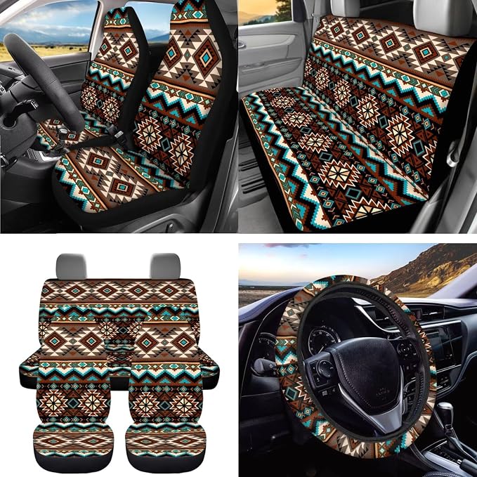 Dreaweet Navajo Seat Covers Full Set Native American Tribal Geometric Pattern Car Seat Cover Steering Wheel Cover Seat Belt Pads Trash Bag Vent Storage Bag Rearview Mirror Cover Coasters Keychain 15pc