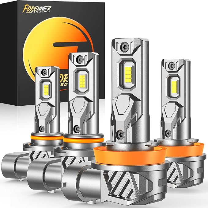 FORENNER H11 9005 Light Bulbs Combo, 900% Ultra Brightness 6500K Cool White, H11/H9/H8 9005/HB3 Fog light Bulbs Kits, 1:1 Mini Size, Play-N-Plug, lP68, Pack of 4.