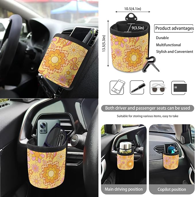 Hippie Flower Print 15 PCS Car Front Back Seat Cover Full Set, Seat Belt Strap Pad Steering Wheel Covers Air Vent Storage Bag Cup Holder Rear View Mirror Cover Key Chain Auto Decor