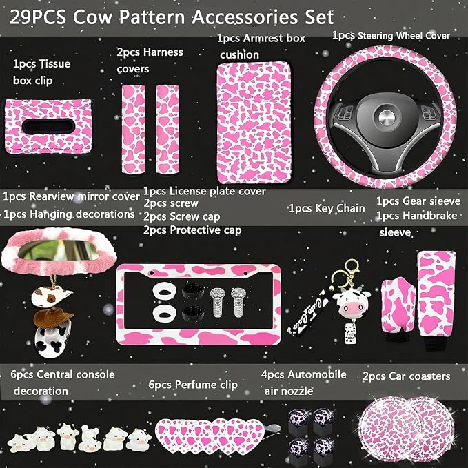 29 PCS Cow Pattern Car Accessories,Including Dashboard Decoration,Rearview Mirror Decoration,Etc,Suitable for Sedans,SUVS and Other Models,Cute Car Interior Sets Suitable for Women (Pink)