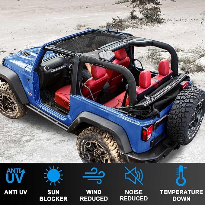 JK Sun Shade Top Compatible with Jeep Wrangler 4 Door 2007 to 2018 Sunshade Sunroof Bikini Cover Blocks UV Wind Noise Black Mesh for Front