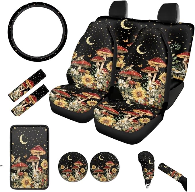 BIGCARJOB Mushroom Car Accessories Full Set 12 Pcs Auto Seat Cover for Front Rear,Sunflower Mushroom Auto Interior Seat Protector Steering Wheel Cover,Seat Belt Pads,Handbrake Brake Protector