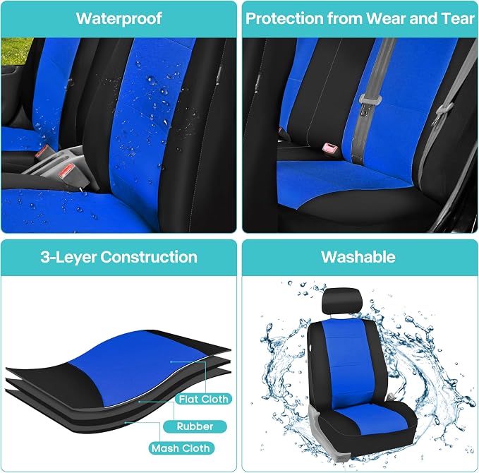 FH Group Waterproof Neoprene Car Seat Covers Full Set – Universal Fit Front & Split Bench Rear Seat Covers, Airbag Compatible Automotive Seat Protectors for Cars, SUVs & Vans, Blue