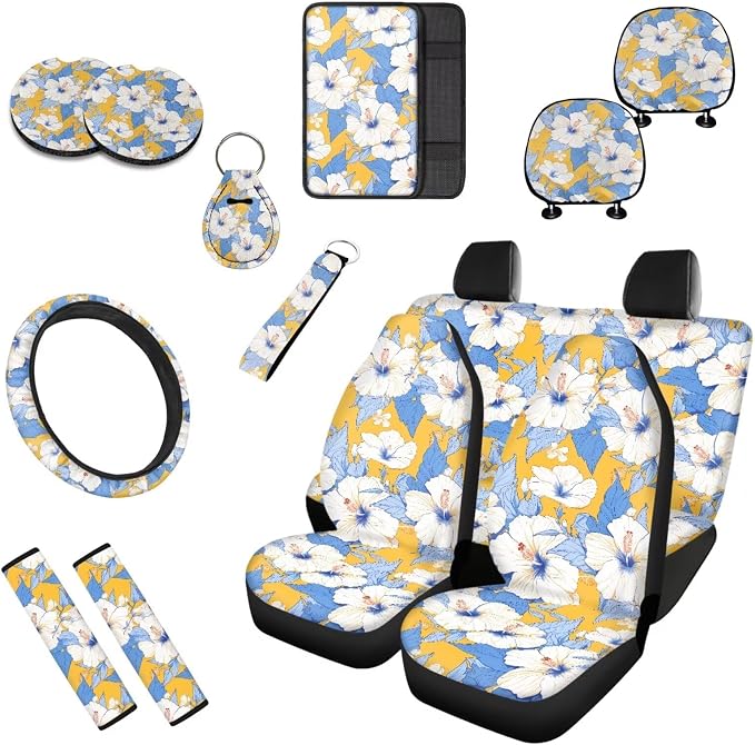 Hawaii Hibiscus Flower 13 PCS Car Seat Covers, Island Style Flowers Auto Accessories Steering Wheel Cover, Tropical Botanical Vehicle Front Rear Seat Covers Keyring