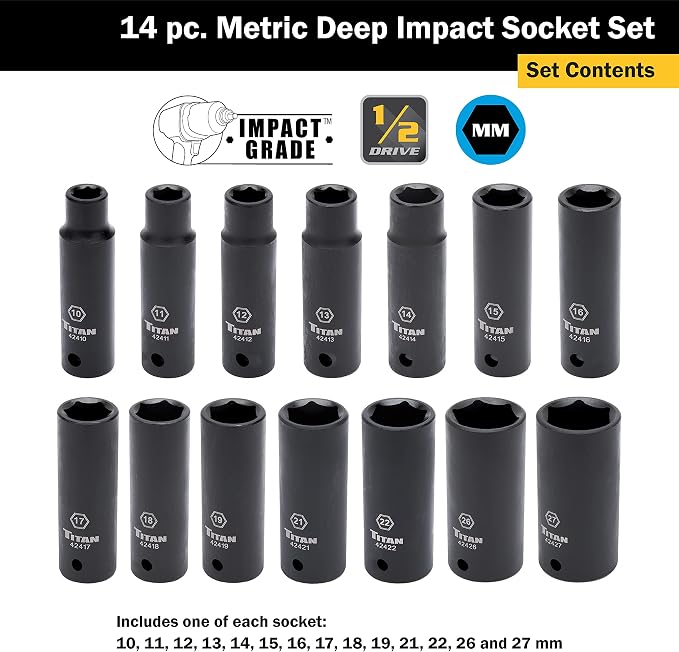Titan 42404 14-Piece 1/2" Drive Metric Deep Impact Socket Set
