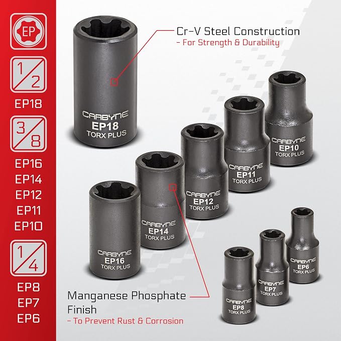 CARBYNE 13 Piece External Torx (eTorx) Socket Set (E4 to E24) AND 9 Piece External Torx Plus (eTorx Plus, aka 6 Lobe) Socket Set (E6 to E18). Chrome Vanadium Steel, 1/4-inch, 3/8-inch & 1/2-inch Dr.