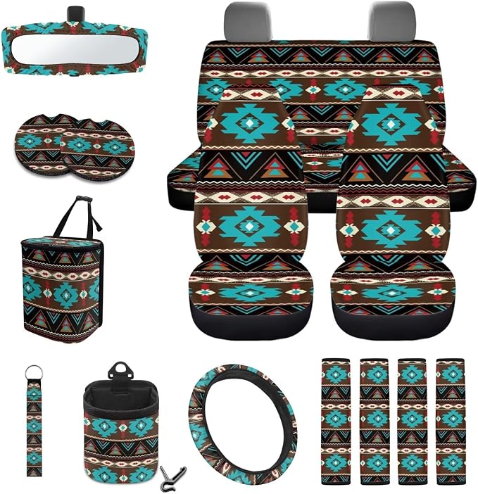 Wanyint Car Seat Cover Set 15 Pack, with Steering Wheel Seat Belt Strap Rearview Mirror Cover Garbage Cans Air Vent Pouch Coasters Keychain Auto Interior Decor, Southwest Aztec Teal Brown