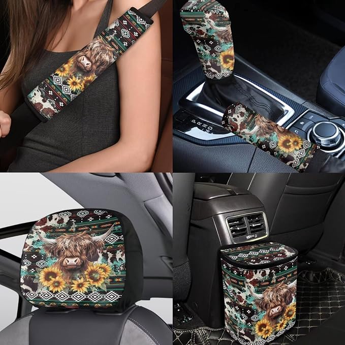 BIGCARJOB Highland Cow Print Car Seat Covers Set Navajo Tribal Car Interior Accessories Full Set 15 Pcs Auto Seat Headrest Cover Steering Wheel Cover Car Trash Can Hanging