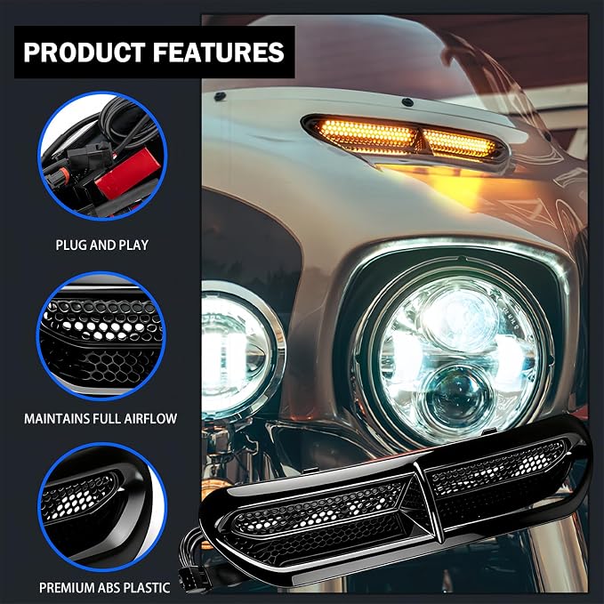 Motorcycle LED Fairing Vent Light, Windshield Vent Lights, Fits For 2014-2023 Harley Touring Street Glide, Electra Glide | Turn Signal Light & Running Light | Windshield Vent Trim