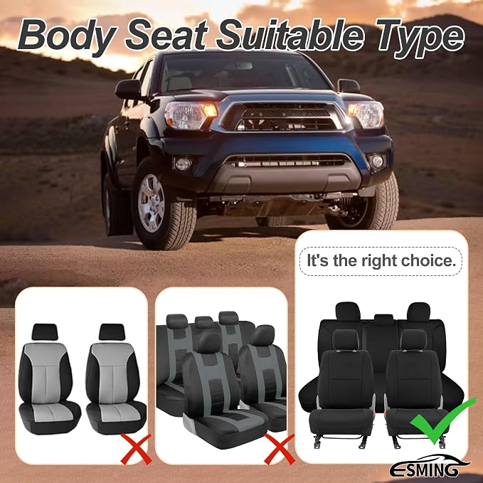 ESMING Custom Fit Seat Covers Compatible with Toyota Tacoma Crew Cab 2005 2006 2007 2008 2009 2010 2011 2012 2013 2014 2015 - Front & Rear Full Set for Non-Folding Passenger Seat - Black