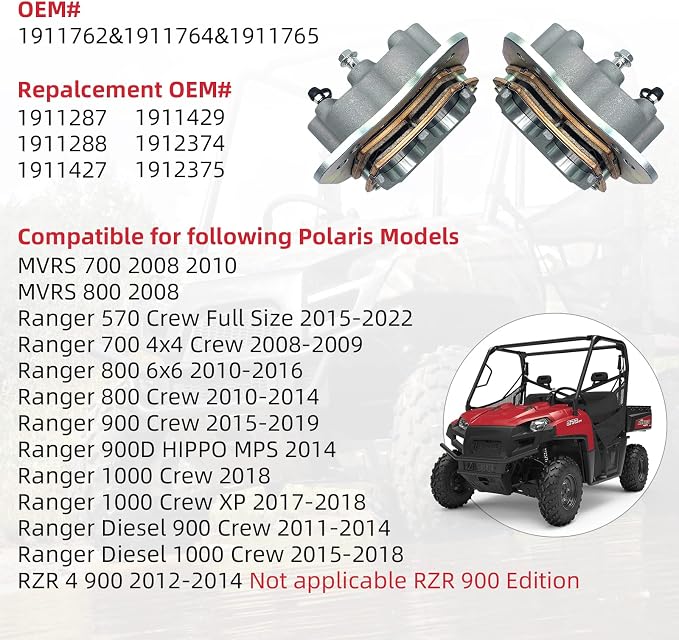 Upgrade Left & Right Rear Brake Calipers & Pads Sintered for Polaris RZR-4-900 Ranger Crew 570/700/800-6x6/900/1000/Diesel MVRS 700/800