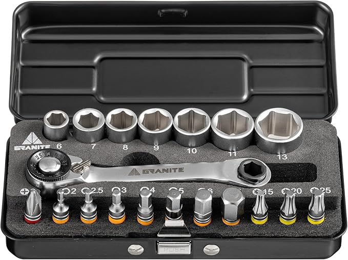 Granite Duet Hex Bit & Socket Ratchet Tool Kit with Dual-Head Wrench, Extension Rod, 7 Hex Sockets, and 11 Precision Bits (Black)