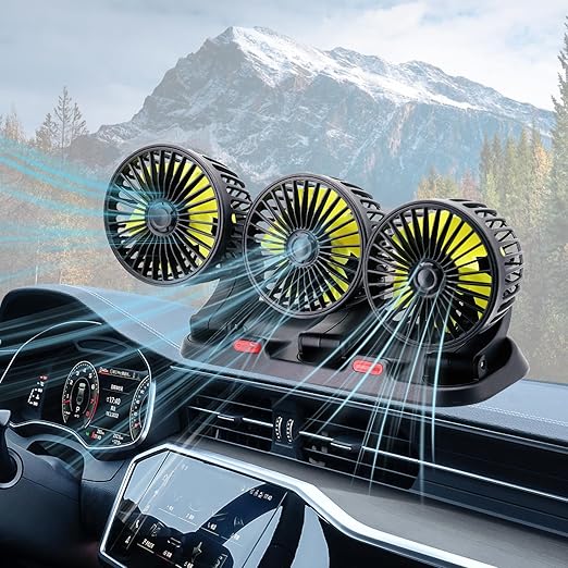 Triple-Head Fan for Car, Portable Car Fans for Vehicles Cars RV Vent with 360°Rotation Cigarette Lighter Plug