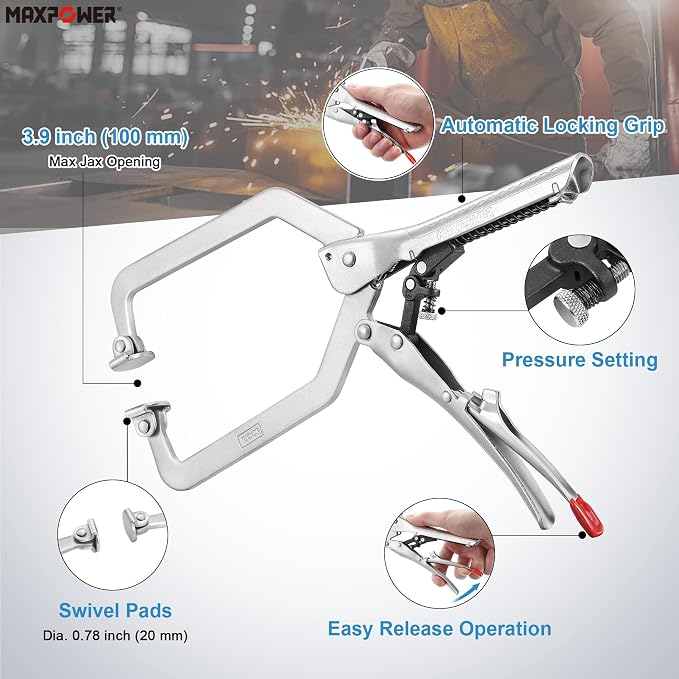MAXPOWER 10.5 inch Self Adjusting Locking C Clamp, 3.9 inch Jaw Capacity, Long Reach Automatic Locking C-Clamps Pliers with Swivel Pad