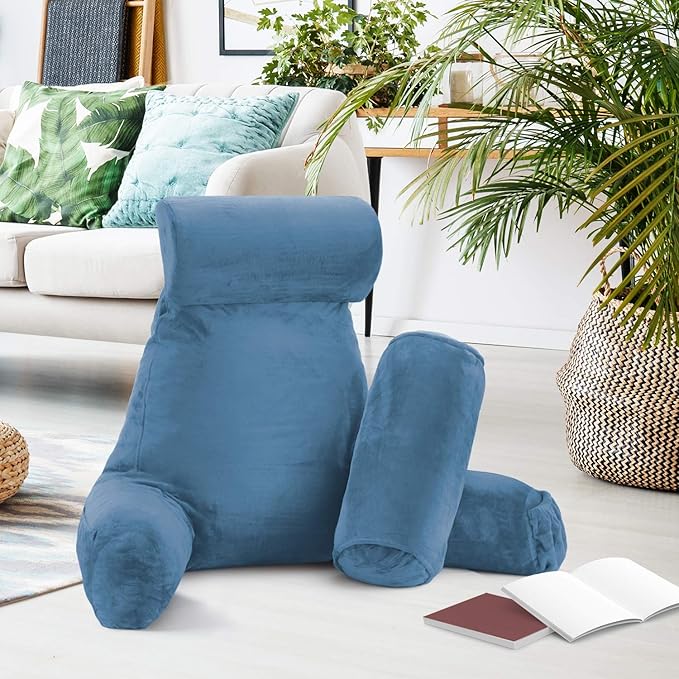Nestl Reading Pillow with Shredded Memory Foam Includes 2 Neck and Lumber Support Pillows, Designed for Sitting Up in Bed and Couch, Back and Arms Adjustable Support for Adult & Teens, Blue Heaven