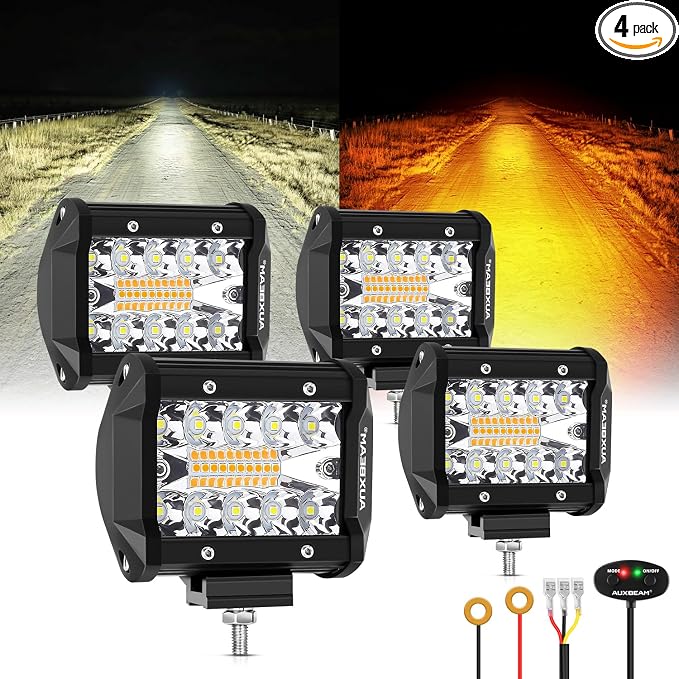 Auxbeam 6 Modes Amber White Series 4-Pack LED Pods Set Multi-Function | 4-inch off-road lights, Dual color strobe fog lights, Spot flood combo beam, 240W auxiliary light bar for offroad