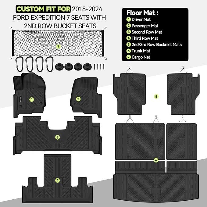 Tongama-Floor Mats for 2018-2024 Ford Expedition 7 Seats with 2nd Row Bucket Seats, All Weather TPE Trunk Mat and 2nd & 3rd Backrest Mats Protectors and Cargo Net for Ford Expedition Accessories