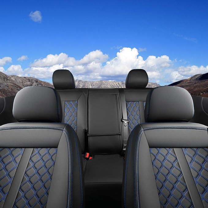 Huidasource Seat Covers for Nissan Titan/Titan XD 2016-2024, Waterproof Faux Leather Seat Covers for Nissan Titan, Full Coverage Titan Pickup Truck Crew Cab Seat Cover Cushion (Fullset/Black&Blue)