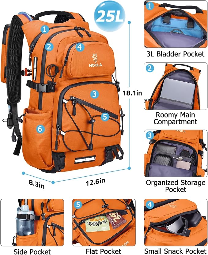 NOOLA Hydration Backpack with 3L Water Bladder - 25L Water Backpack for Hiking, Cycling, Running, Biking - Lightweight Hiking Pack Bag with Rain Cover, Phone Holder and Trekking Pole Holders, Orange