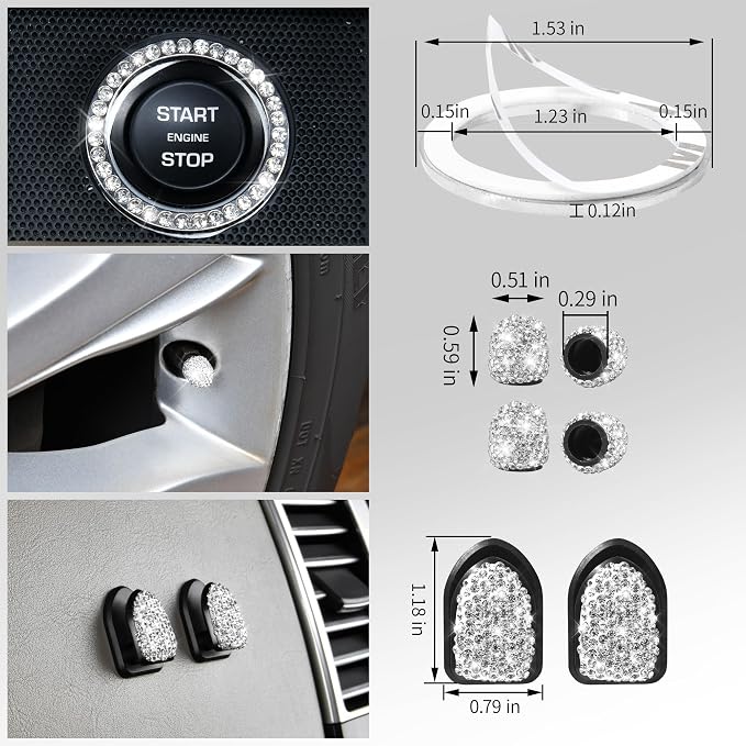 CAR PASS 30 PCS Bling Car Accessories Set for Women, Bling Steering Wheel Covers 15 Inch, Shining Rhinestone License Plate Frame, Sparkly Diamond Phone Holder, Car Mats Full Set, Silver