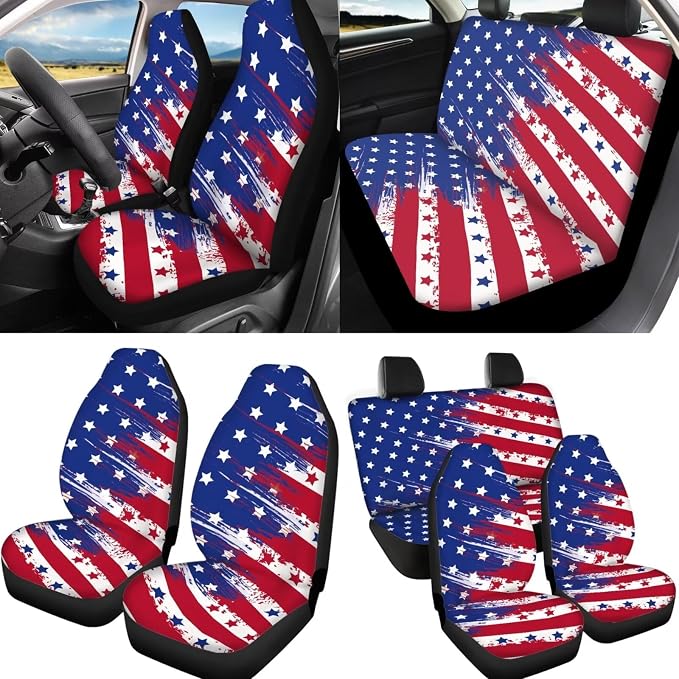 American Flag Seat Covers - 4th of July Independence Day Patriotic USA Flag Car Steering Wheel Cover, Seatbelt Armrest Pads, Coaster, Keychain - 12 Pcs Stars Stripes US Flag Car Interior Set