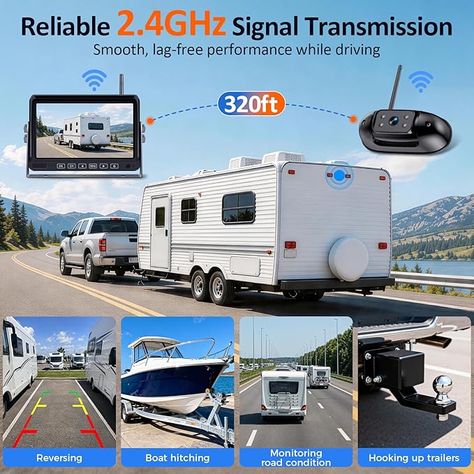 HD 1080P RV Backup Camera Wireless Easy Install: Plug and Play 7'' DVR 4-Channels Split Screen for Furrion Pre-Wired RVs System - AI Motion Detection Rear View Camera Clear Night Vision to 32ft