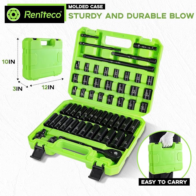 Reniteco 56-Piece 3/8" Drive Socket Set, SAE (5/16"-3/4") & Metric (8mm-22mm), Deep & Shallow, Ratchet Handle, Extension Bars, Adapter, Universal Joint, Power Drill Adapters, Spark Plug Sockets, CR-V