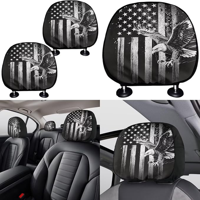KEIAHUAN 11 Pcs Car Seat Covers Full Set with Stretchy Steering Wheel Cover/Coasters/Headrest Cover/Handbrake and Gear Shift Knob Cover, Easy to Install, Black American Flag Eagle