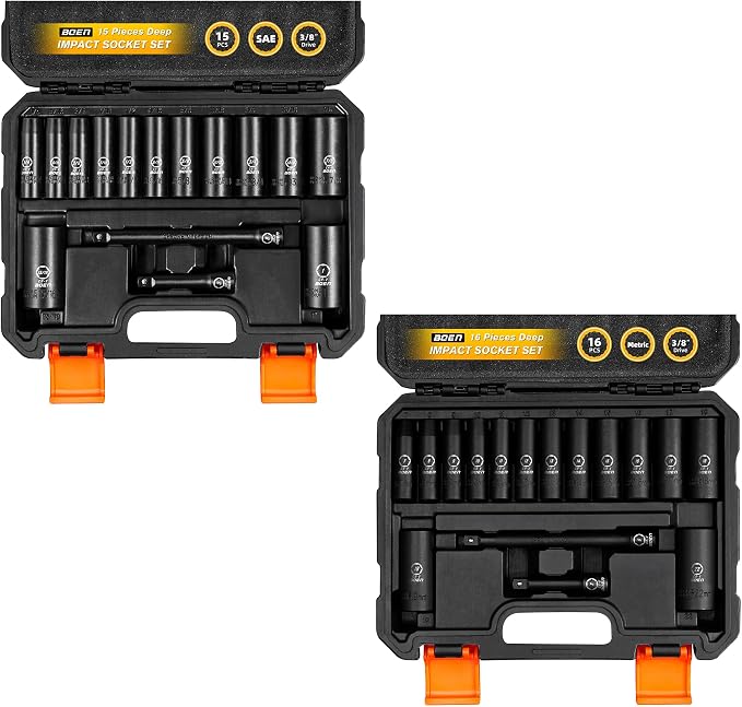 BOEN 31 Piece 3/8" Drive Impact Socket Set | SAE 1/4" to 1"| Metric 7 to 22mm | Includes 3", 6" Extension Bars, 6 Point Design, Cr-V Steel, Heavy Duty Storage Case