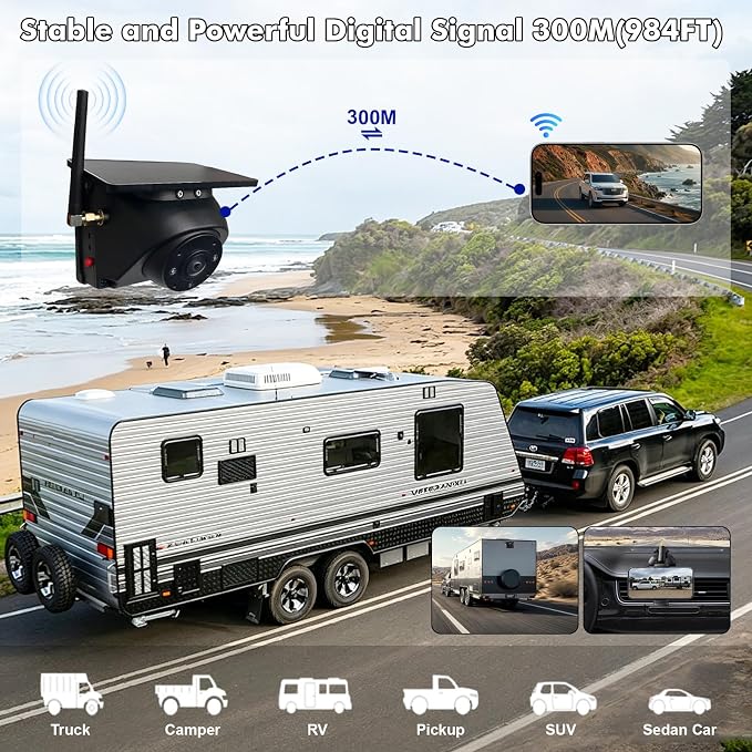 Portable Wireless Backup Camera Magnetic Solar WiFi Rear View Camera for RV | 1080P HD Night Vision AI BSD Detection Alert 9600mAh Battery No wiring Phone App Control Adjustable Camera for Truck Trailer