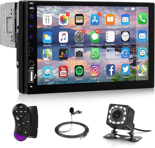 Single Din Touch Screen Car Radio with Bluetooth, 7 Inch HD LCD Screen Car Radio 1 Din with Mirror Link EQ FM Radio SWC, Car MP5 Player 1 Din Support USB/U Disk/SD Card/Type-C Charging + Camera