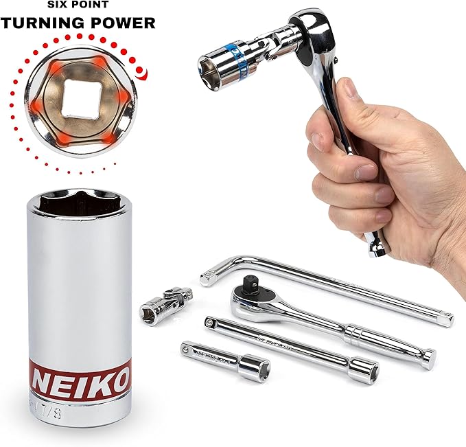 NEIKO 02512A 3/8” Drive Socket Set with Quick Release Ratchet (90 Tooth), 43 Piece Standard and Deep Metric Sizes, 6mm to 24mm, 6 Point, Universal Joint, 3/8” Extension Bars, CR-V Steel (Pack of 4)
