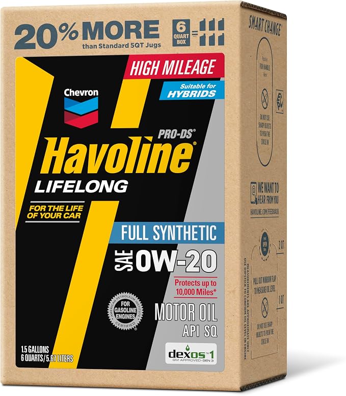 Havoline Motor Oil 0w20 PRO-DS Lifelong Full Synthetic Smart Change Engine Oil, 0W-20, 6 Quarts, Pack of 1