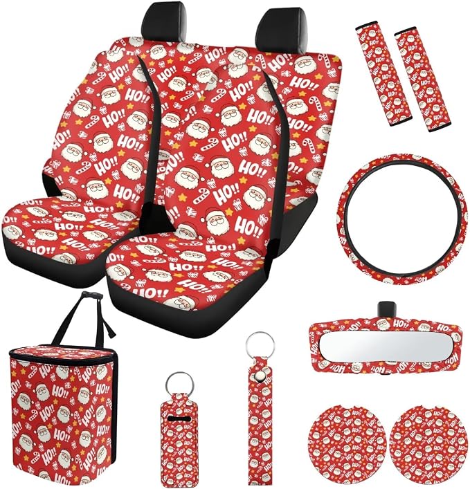 Suobstales Santa Claus Candy Star Print Car Seat Covers Christmas Decor Set of 13 with Universal Steering Wheel Cover, Rearview Mirror Cover, Car Trash Can, Seatbelt Pads, Coasters, Keychains