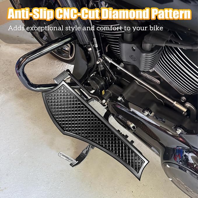 Black Driver Anti-Slip Stretched Floorboards Footpegs for Harley Touring RoadKing, Road glide, Street glide, Electra glide 1986-2025 & Softail Fat Boy, Fat Bob, Street Bob '86-2017 Models
