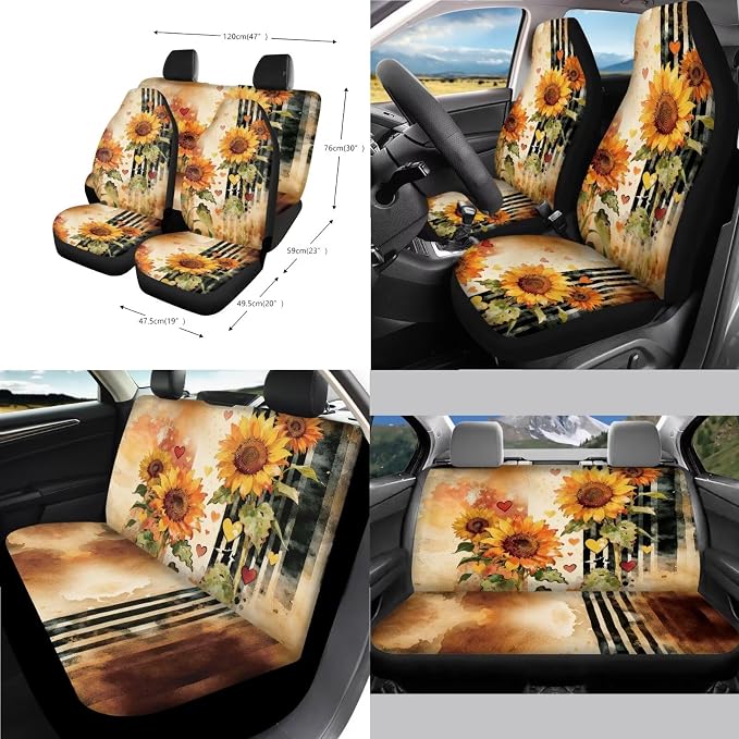Sunflower Print Full Set Car Seat Covers with Accessories Includes Steering Wheel Cover Center Console Pad Safety Belt Pads Inside Rearview Mirror Cover Garbage Bag Coasters
