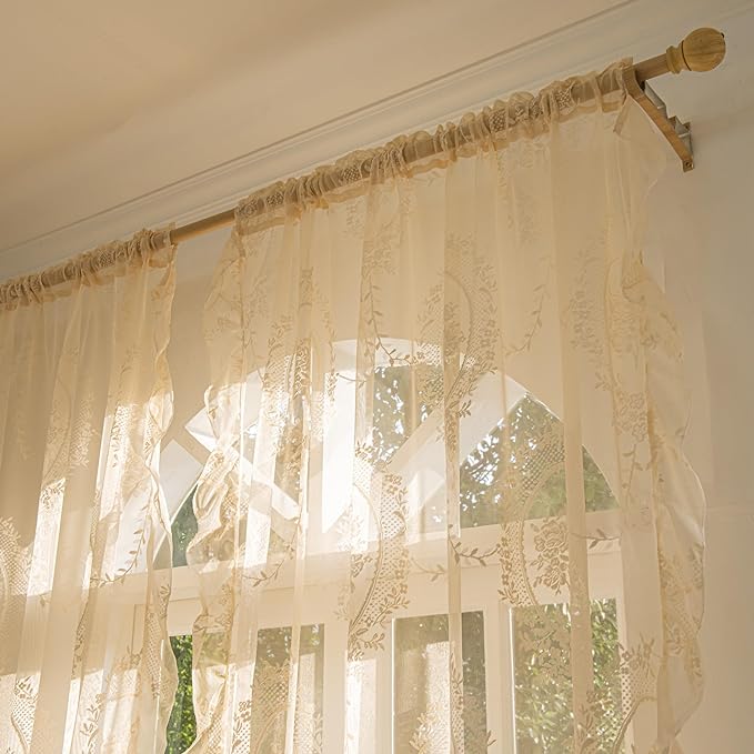 Sutuo Home Beige Lace Curtains 72 Inches Long 2 Panels Set, Sheer Panels Rose Floral Embroidery Ruffled Vintage Window Treatment Pair for Nursery Bedroom Living Room, Rod Pocket, W57 x L72