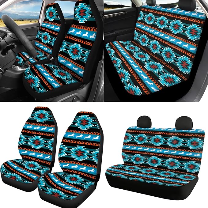 Aztec Western Car Seat Cover Full Set with Tibal Horse Car Seat Cover Steering Wheel Cover, Shoulder Pads, Aztec Auto Seat Covers Car Accessories Universal Fit for Most Cars, Blue