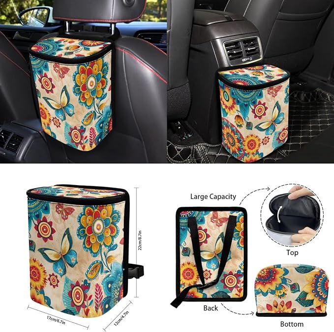 Boho Floral Butterfly 15 PCS Car Seat Cover Set with Auto Steering Wheel Cover Seat Belt Strap Protector Cup Holder Trash Bag Rear View Mirror Protector Keychain
