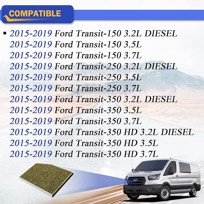 Premium Cabin Air Filter with Activated Carbon for 2015-2019 Ford Transit 150/250/350 Transit 350 HD Transit 250 Diesel/350 Diesel/350 HD Diesel BK21-18D543-AA