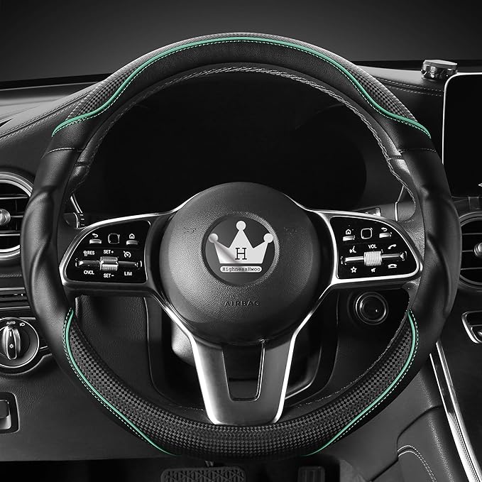 HighnessHwoo 3D Car Steering Wheel Cover Comfort Grip Massage Sporty Anti-Slip Carbon Fiber Faux Leather for F150, Trucks, Jeep, Van, Car Handle Covers for All Seasons, 15.2-16in, Green