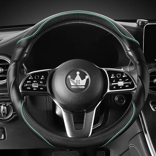 HighnessHwoo 3D Car Steering Wheel Cover Comfort Grip Massage Sporty Anti-Slip Carbon Fiber Faux Leather for Sedan SUV, Universal Fit, Car Handle Covers for All Seasons, 14.75-15.15in, Green