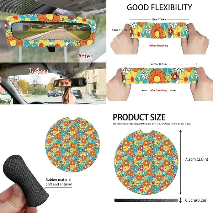 Hippie Floral Car Seat Cover Protector 15 PCS Set, with Steering Wheel Rearview Mirror Cover Seat Belt Pad Garbage Bag Coasters Key Chain Fit Most Vehicles
