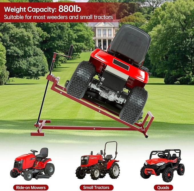 Lawn Mower Lift Jack, Telescopic Maintenance Jack for Riding Lawn Mowers, Zero Turn Mowers and Garden Tractors, Foldable Easy Lift with Crank Handle and Power Tool Handle, 880 Lbs Weight Capacity