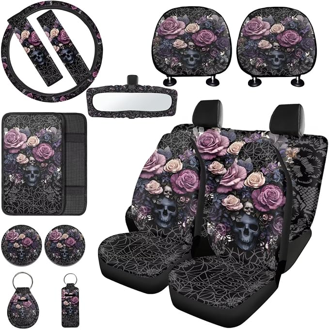 Skull Rose Printed Car Seat Covers Full Set Universal Car Interior Accessories Set Included Steering Wheel Cover Seat Belt Pad Armrest Protector Coaster for Auto, Black